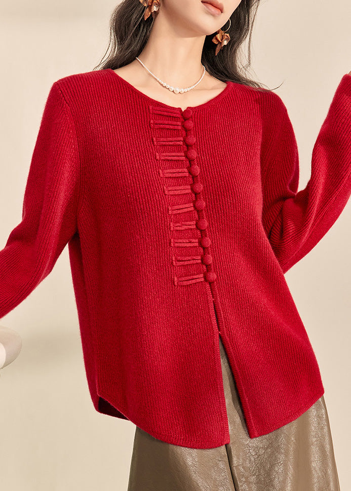 Cárdigan de punto de algodón acogedor con botones y cuello redondo rojo estilo chino para primavera