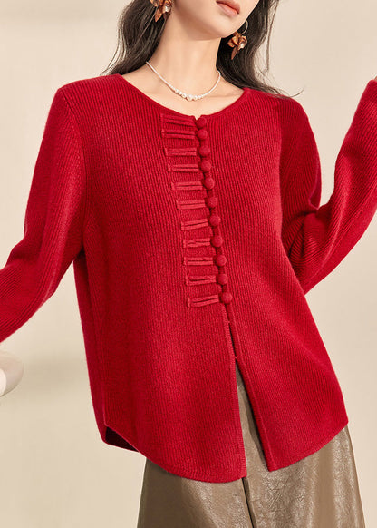 Cárdigan de punto de algodón acogedor con botones y cuello redondo rojo estilo chino para primavera