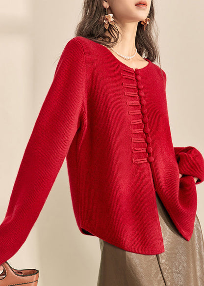 Cárdigan de punto de algodón acogedor con botones y cuello redondo rojo estilo chino para primavera