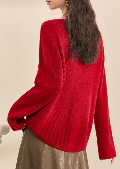 Cárdigan de punto de algodón acogedor con botones y cuello redondo rojo estilo chino para primavera