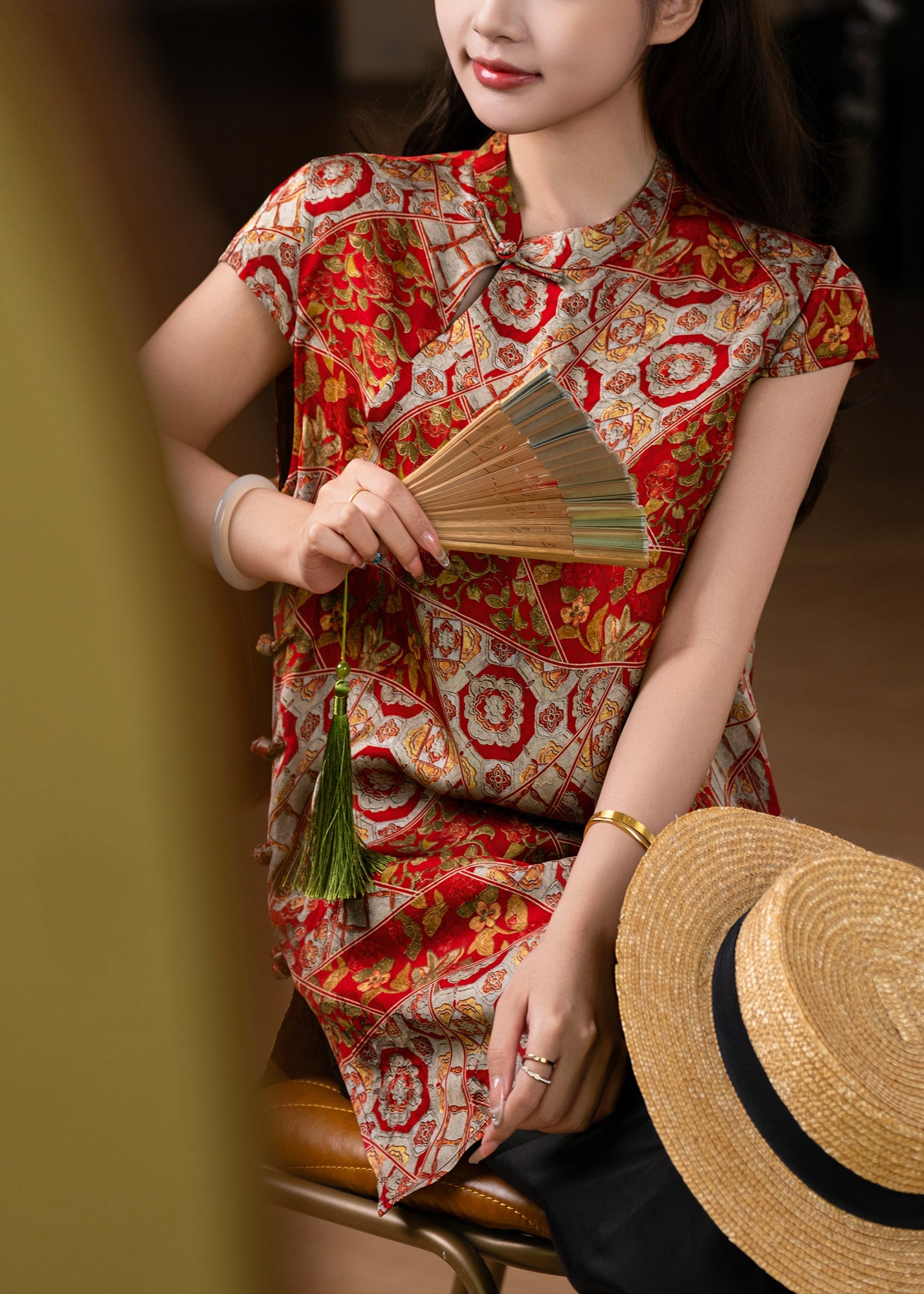 Chinese Style Red Print Side Open Silk Top Short Sleeve