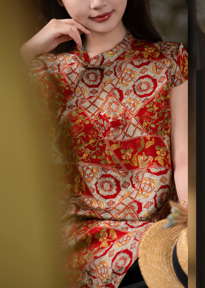 Chinese Style Red Print Side Open Silk Top Short Sleeve
