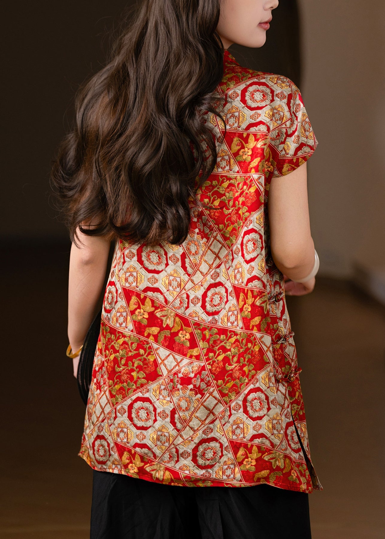 Chinese Style Red Print Side Open Silk Top Short Sleeve