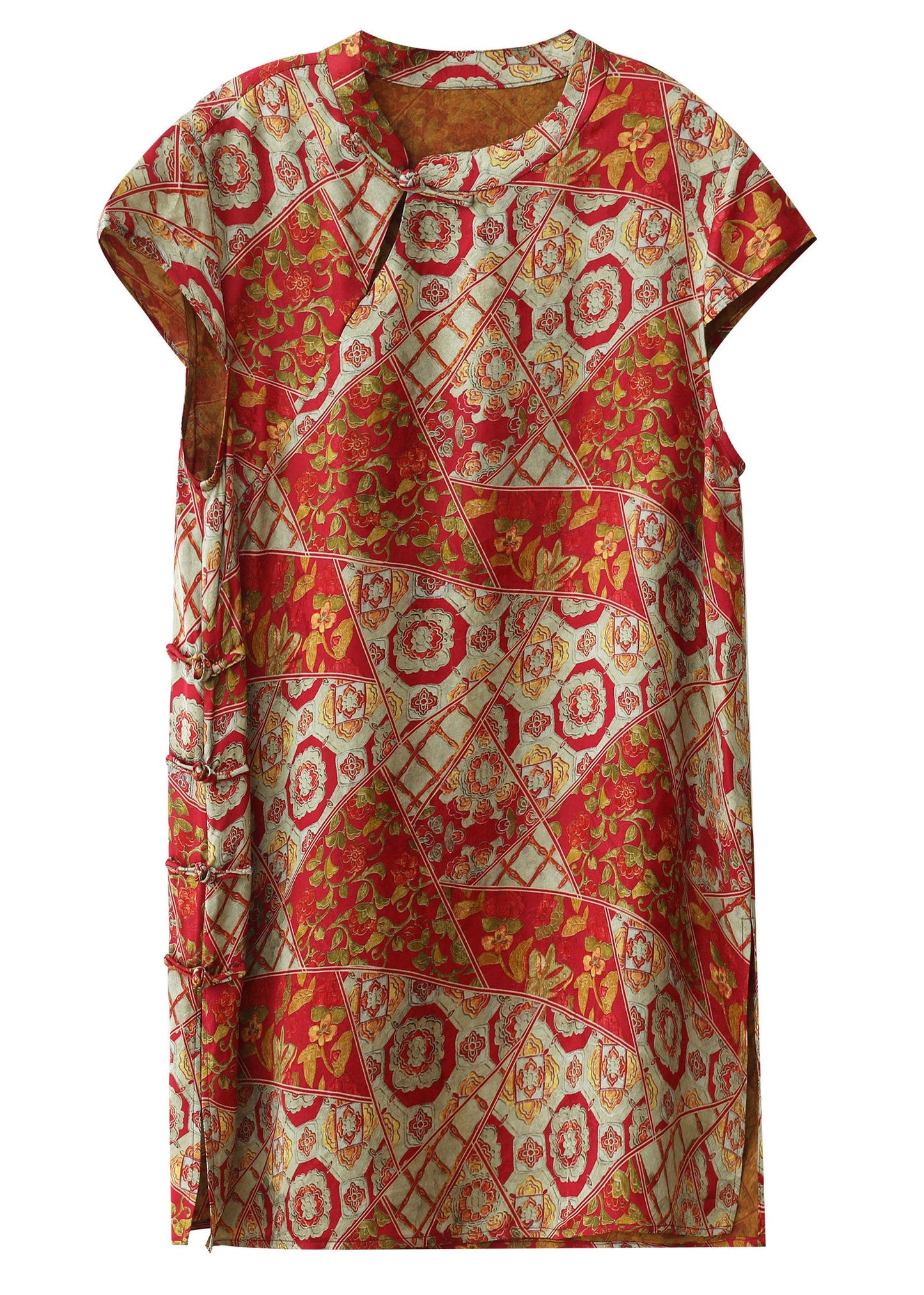 Chinese Style Red Print Side Open Silk Top Short Sleeve