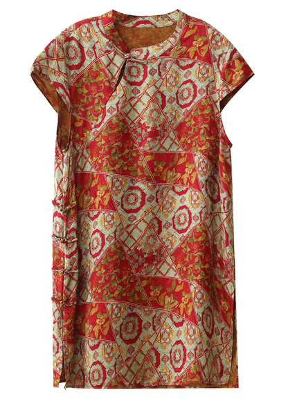Chinese Style Red Print Side Open Silk Top Short Sleeve