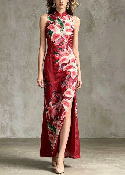 Chinese Style Red Print Side Open Tulle Dress Summer