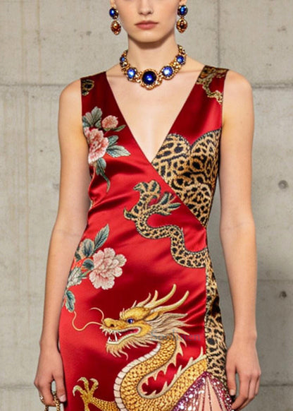 Chinese Style Red Print Silk Dress Tasseled Low High Design Summer