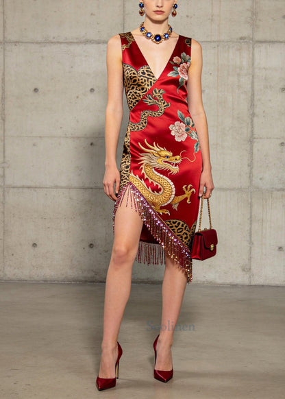 Chinese Style Red Print Silk Dress Tasseled Low High Design Summer