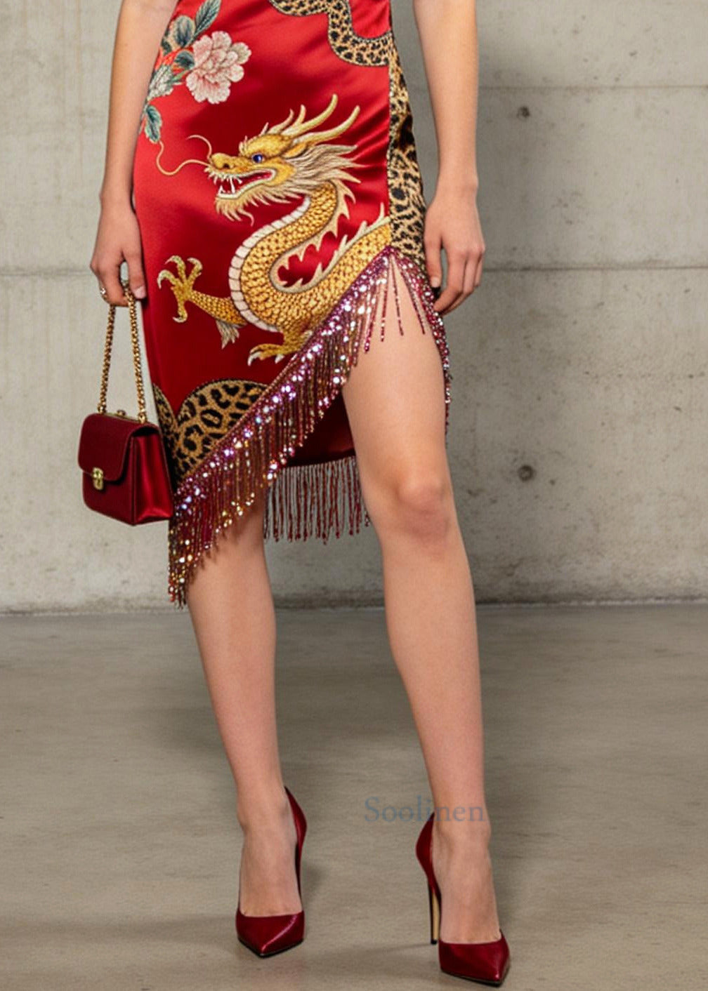Chinese Style Red Print Silk Dress Tasseled Low High Design Summer
