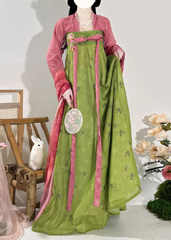 Chinese Style Red Print Top And Maxi Skirts Two Piece Set Fall