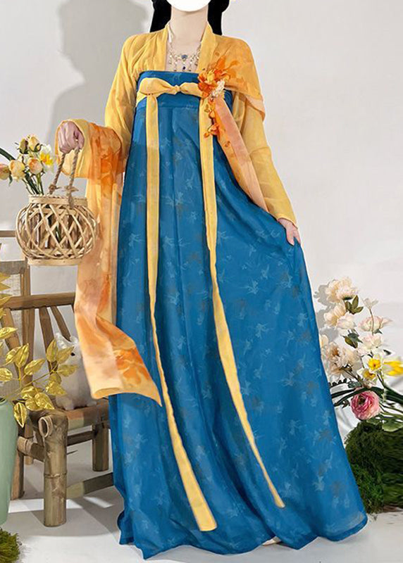 Chinese Style Red Print Top And Maxi Skirts Two Piece Set Fall