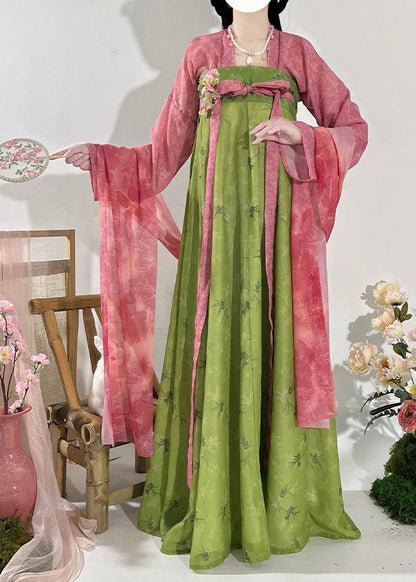 Chinese Style Red Print Top And Maxi Skirts Two Piece Set Fall