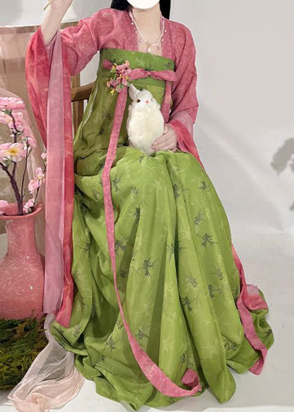 Chinese Style Red Print Top And Maxi Skirts Two Piece Set Fall