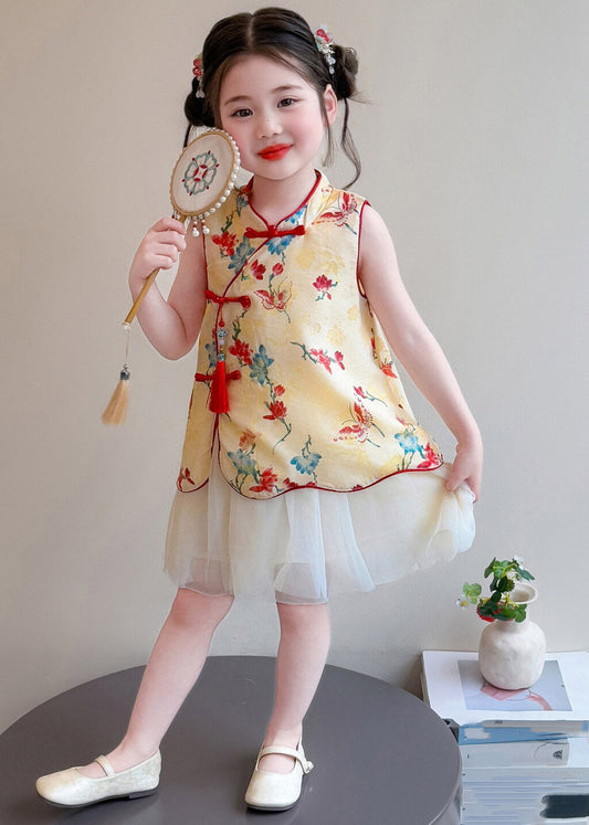 Chinese Style Red Stand Collar Print Tulle Patchwork Kids Long Dress Summer