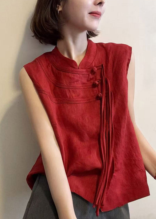 Chinese Style Red Stand Collar Tassel Patchwork Top Summer