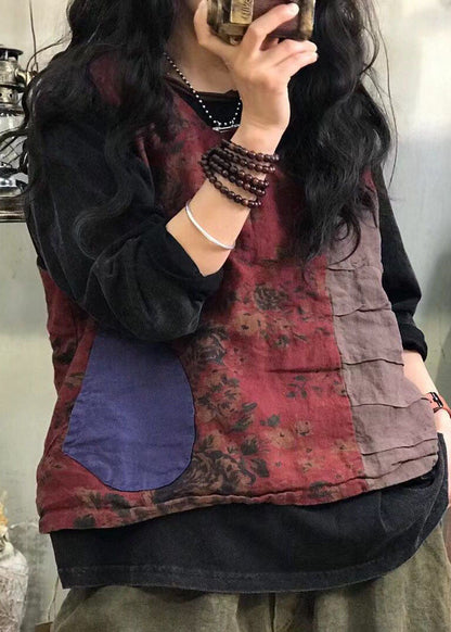 Chinesischen Stil Rote taschen seite offen Patchwork Plaid Leinen weste