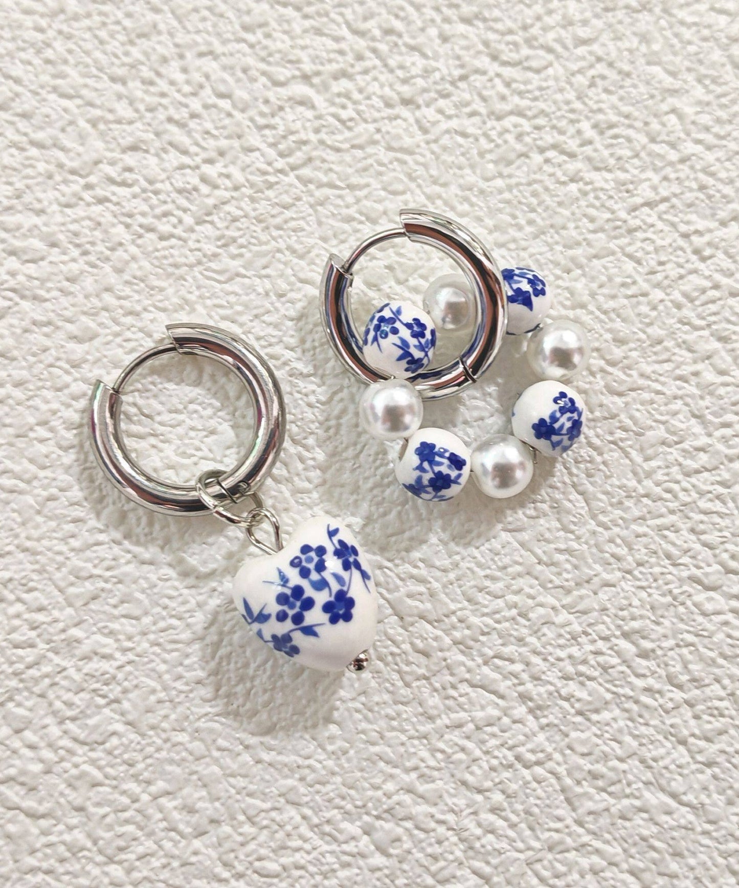 Chinese Style Silk Blue Stainless Steel Heart-Shaped Ceramics Asymmetrica Hoop Earrings