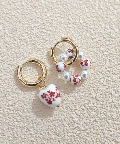 Chinese Style Silk Blue Stainless Steel Heart-Shaped Ceramics Asymmetrica Hoop Earrings