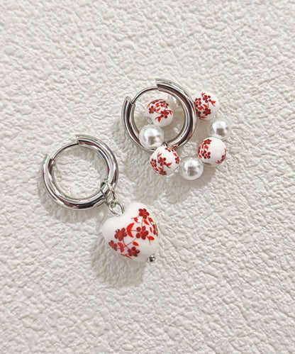 Chinese Style Silk Blue Stainless Steel Heart-Shaped Ceramics Asymmetrica Hoop Earrings