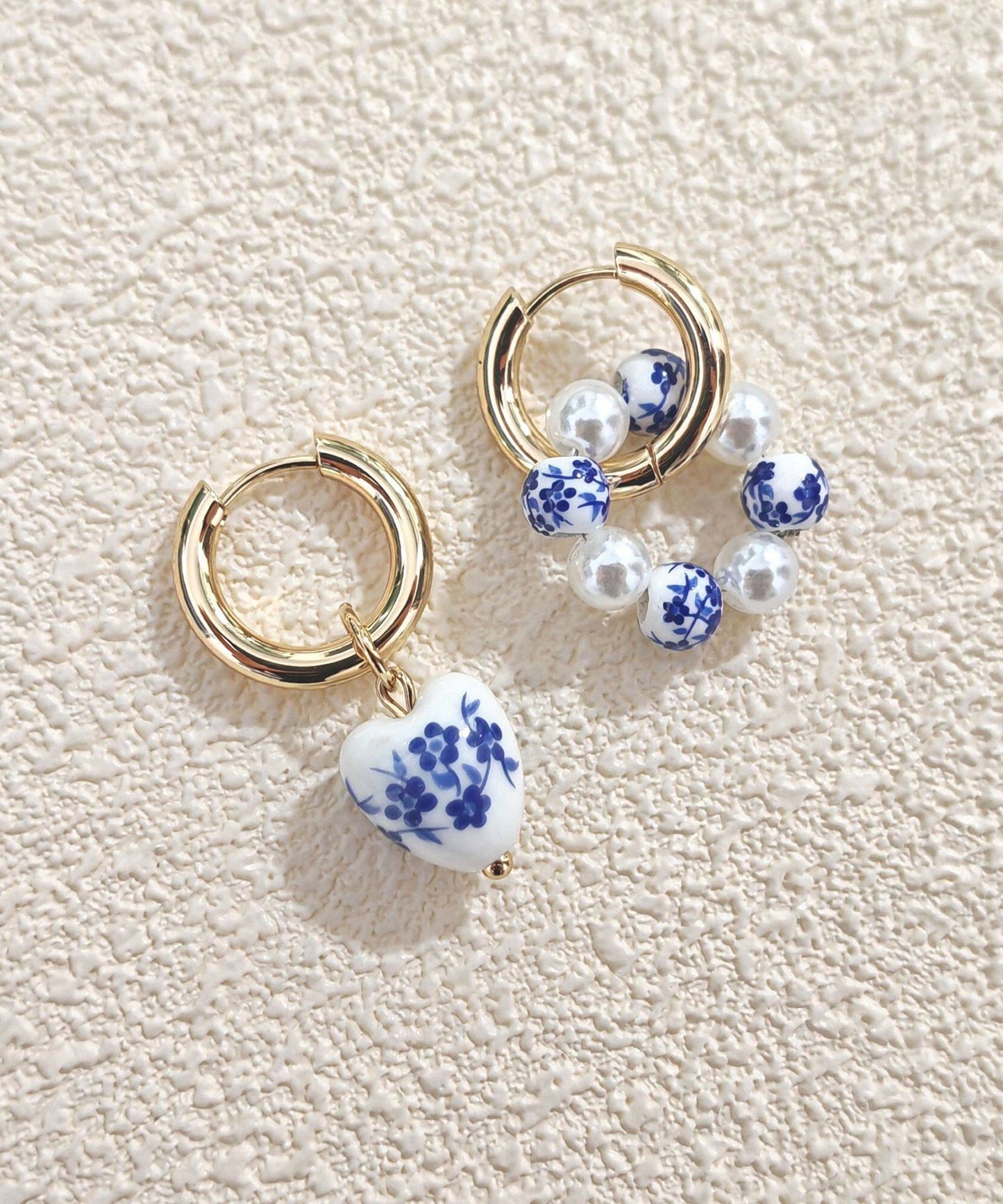 Chinese Style Silk Blue Stainless Steel Heart-Shaped Ceramics Asymmetrica Hoop Earrings