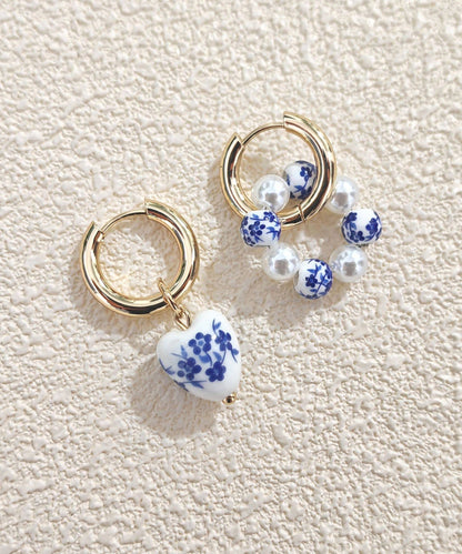 Chinese Style Silk Blue Stainless Steel Heart-Shaped Ceramics Asymmetrica Hoop Earrings
