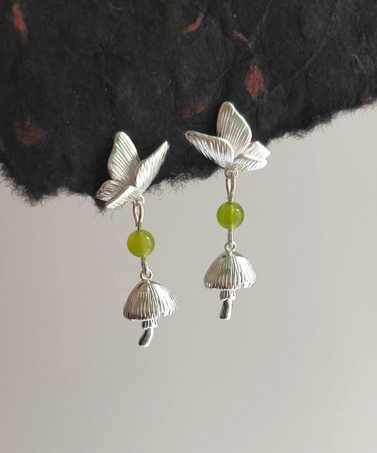 Chinese Style Silk Copper Butterfly Little Mushroom Drop Earrings