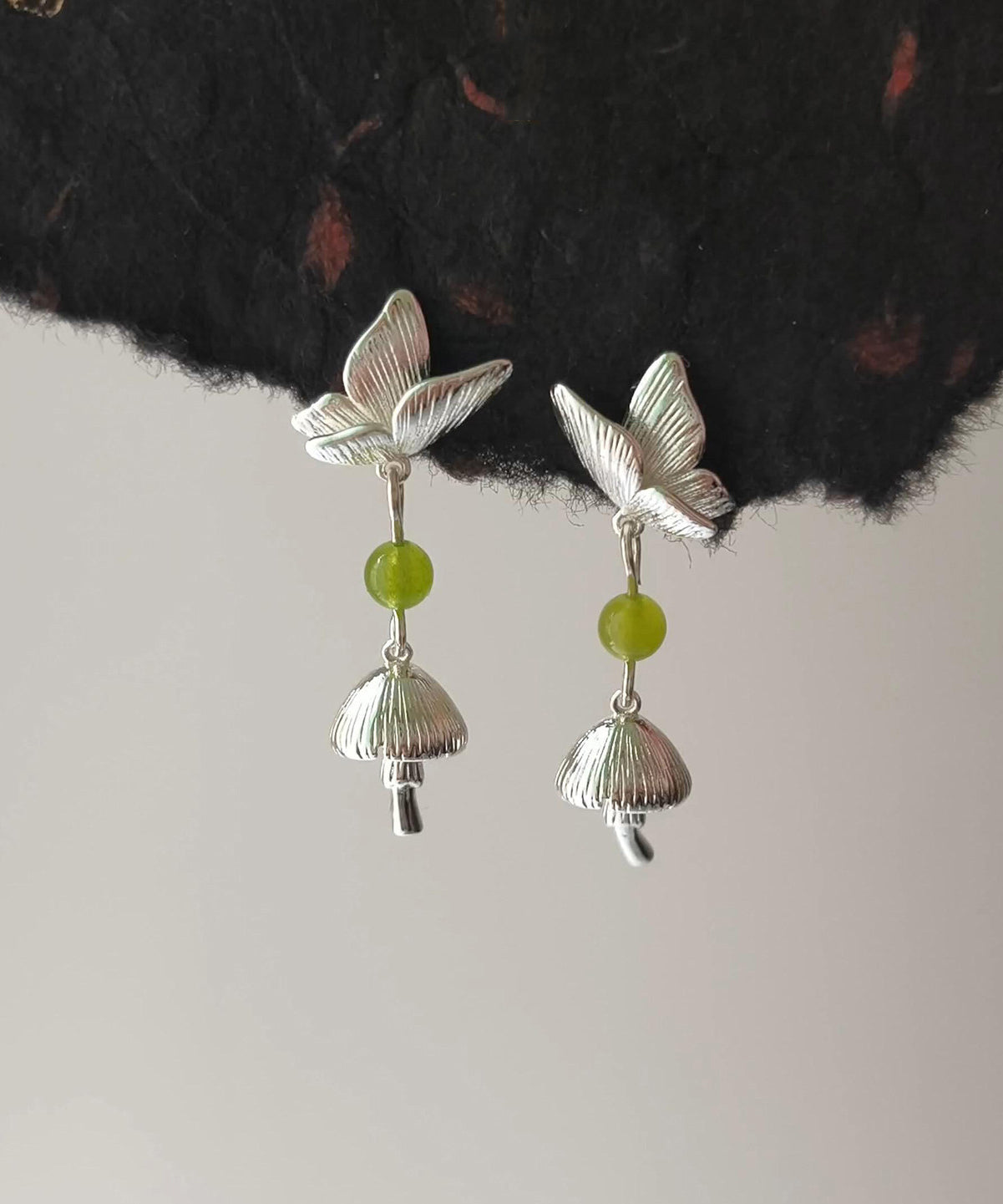 Chinese Style Silk Copper Butterfly Little Mushroom Drop Earrings