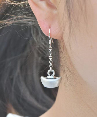 Pendientes colgantes asimétricos de plata de ley y seda de estilo chino