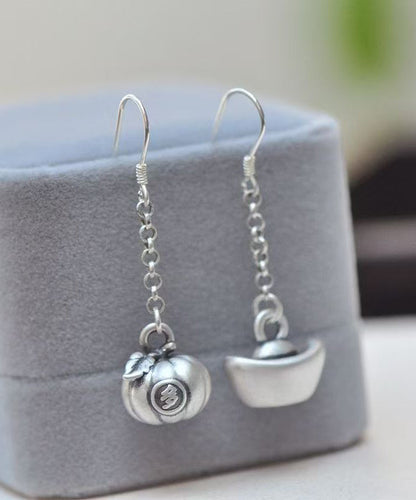 Pendientes colgantes asimétricos de plata de ley y seda de estilo chino