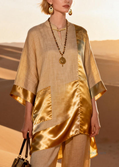 Chinese Style Stand Collar Asymmetrical Silk Patchwork Two Piece Set Spring