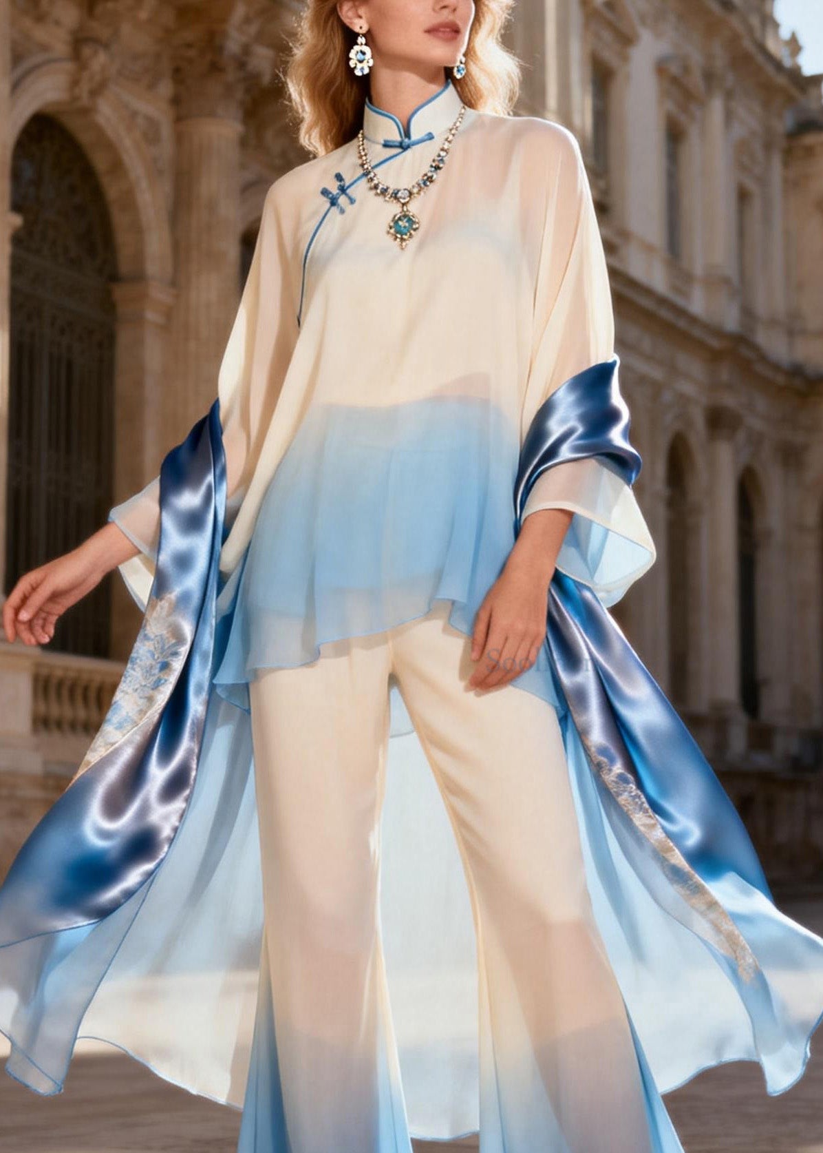 Chinese Style Stand Collar Oriental Button Silk Two Pieces Set Spring