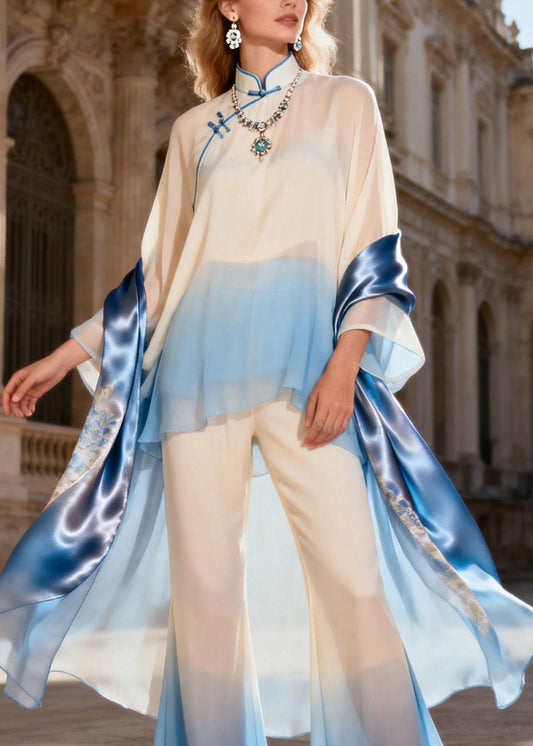 Chinese Style Stand Collar Oriental Button Silk Two Pieces Set Spring