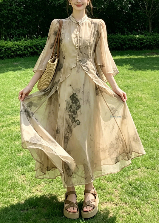 Chinese Style Stand Collar Print Cardigans And Maxi Spaghetti Strap Two Pieces Set Summer