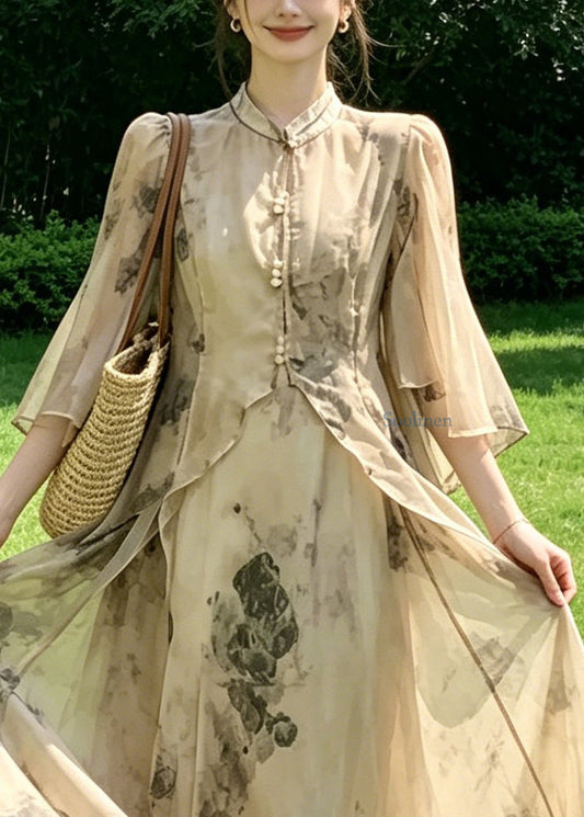 Chinese Style Stand Collar Print Cardigans And Maxi Spaghetti Strap Two Pieces Set Summer