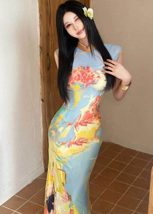 Chinese Style Stand Collar Print Flattering Tulle Maxi Dresses Summer