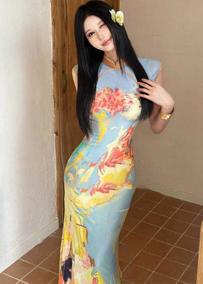 Chinese Style Stand Collar Print Flattering Tulle Maxi Dresses Summer