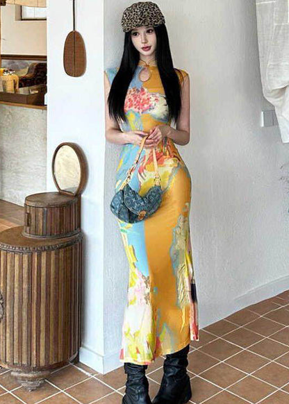Chinese Style Stand Collar Print Flattering Tulle Maxi Dresses Summer