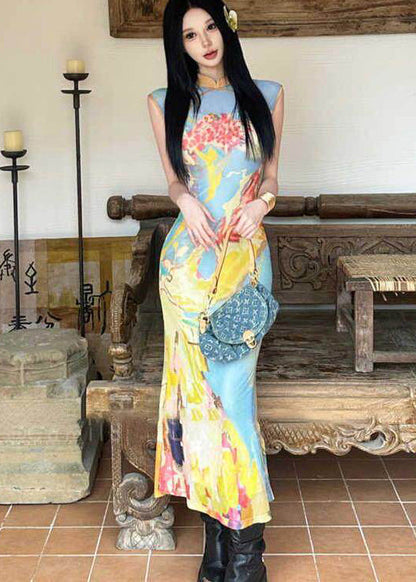 Chinese Style Stand Collar Print Flattering Tulle Maxi Dresses Summer