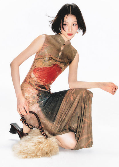 Chinese Style Stand Collar Print Hollow Out Side Open Dresses Summer