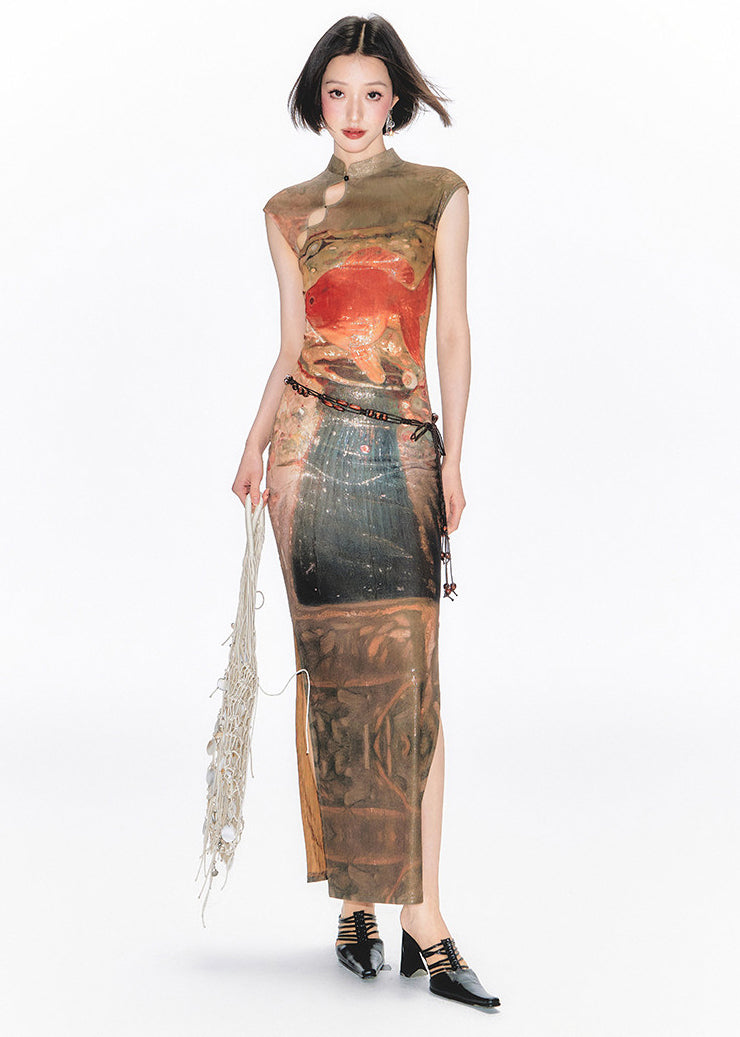 Chinese Style Stand Collar Print Hollow Out Side Open Dresses Summer