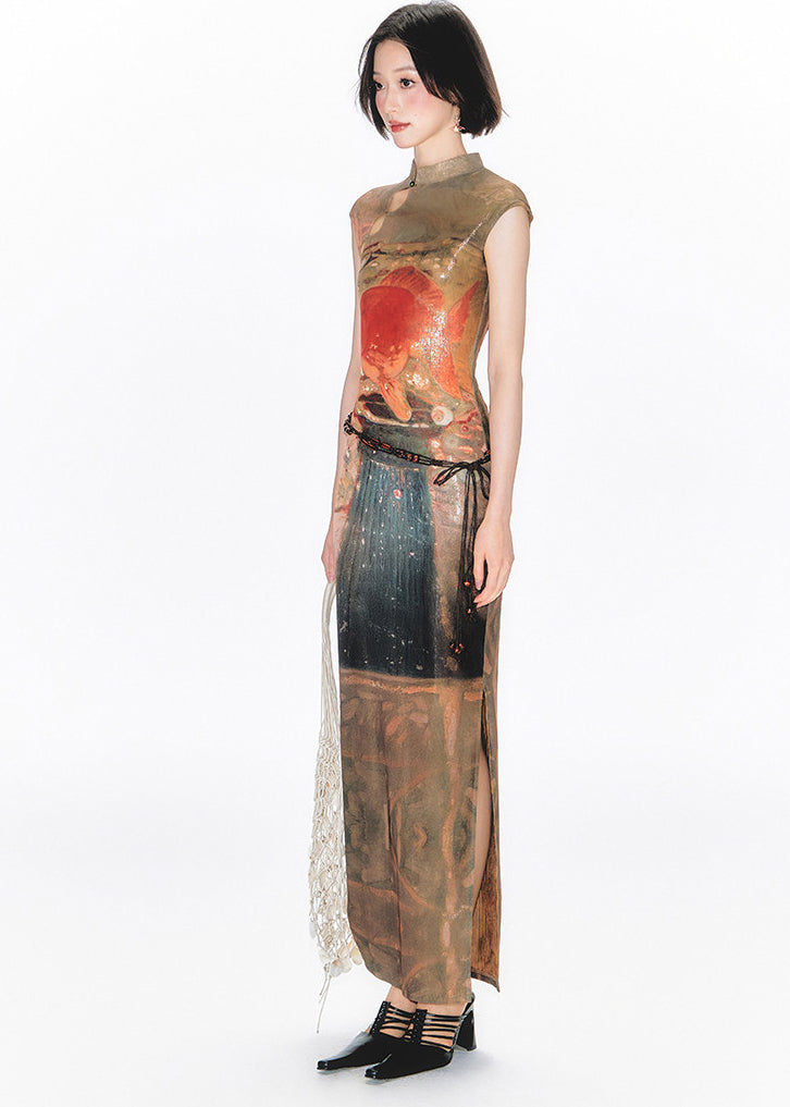 Chinese Style Stand Collar Print Hollow Out Side Open Dresses Summer