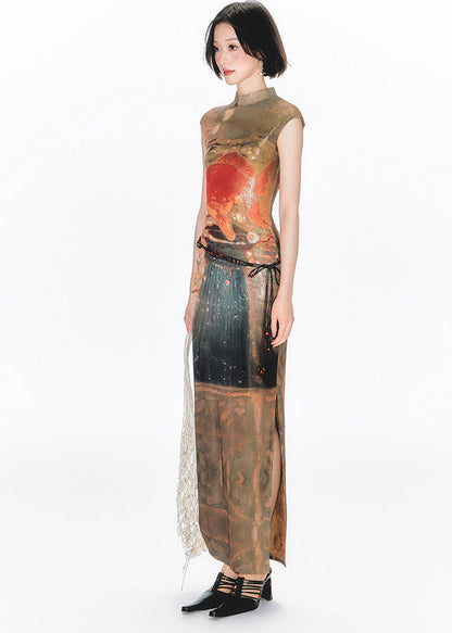 Chinese Style Stand Collar Print Hollow Out Side Open Dresses Summer