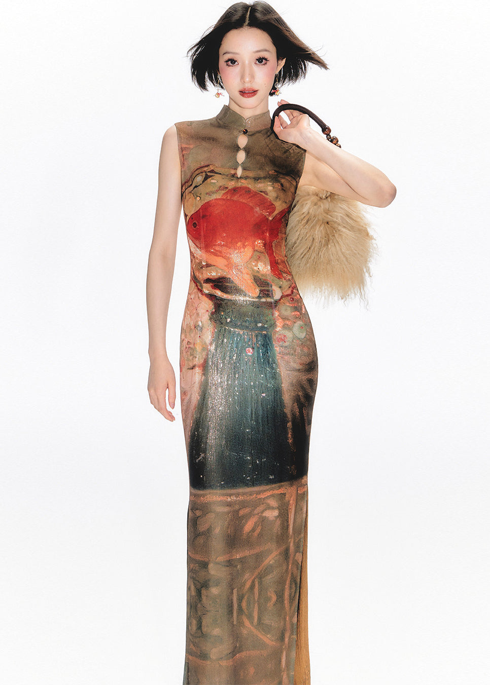 Chinese Style Stand Collar Print Hollow Out Side Open Dresses Summer