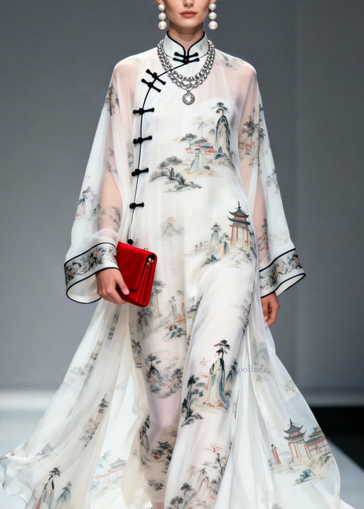 Chinese Style Stand Collar Print Oriental Button Chiffon Dress Spring