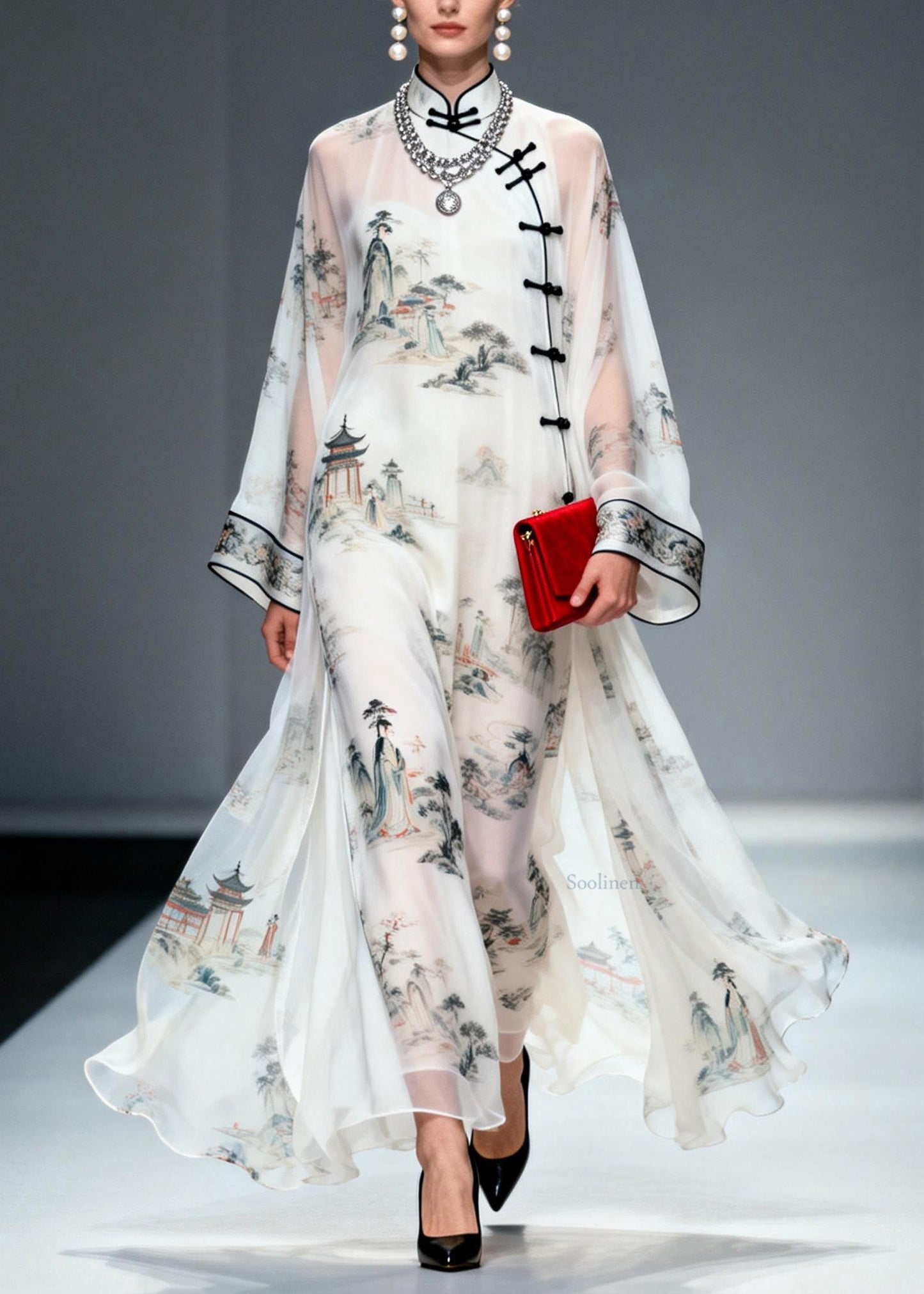 Chinese Style Stand Collar Print Oriental Button Chiffon Dress Spring