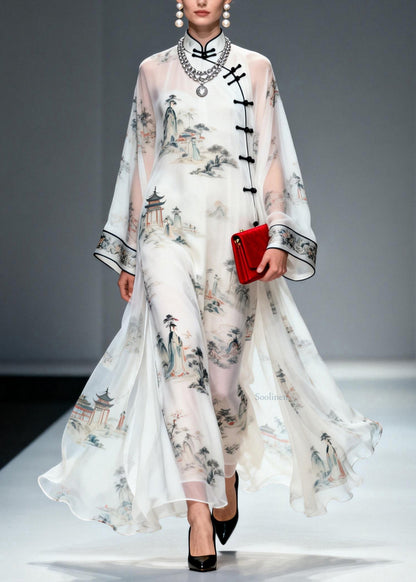 Chinese Style Stand Collar Print Oriental Button Chiffon Dress Spring