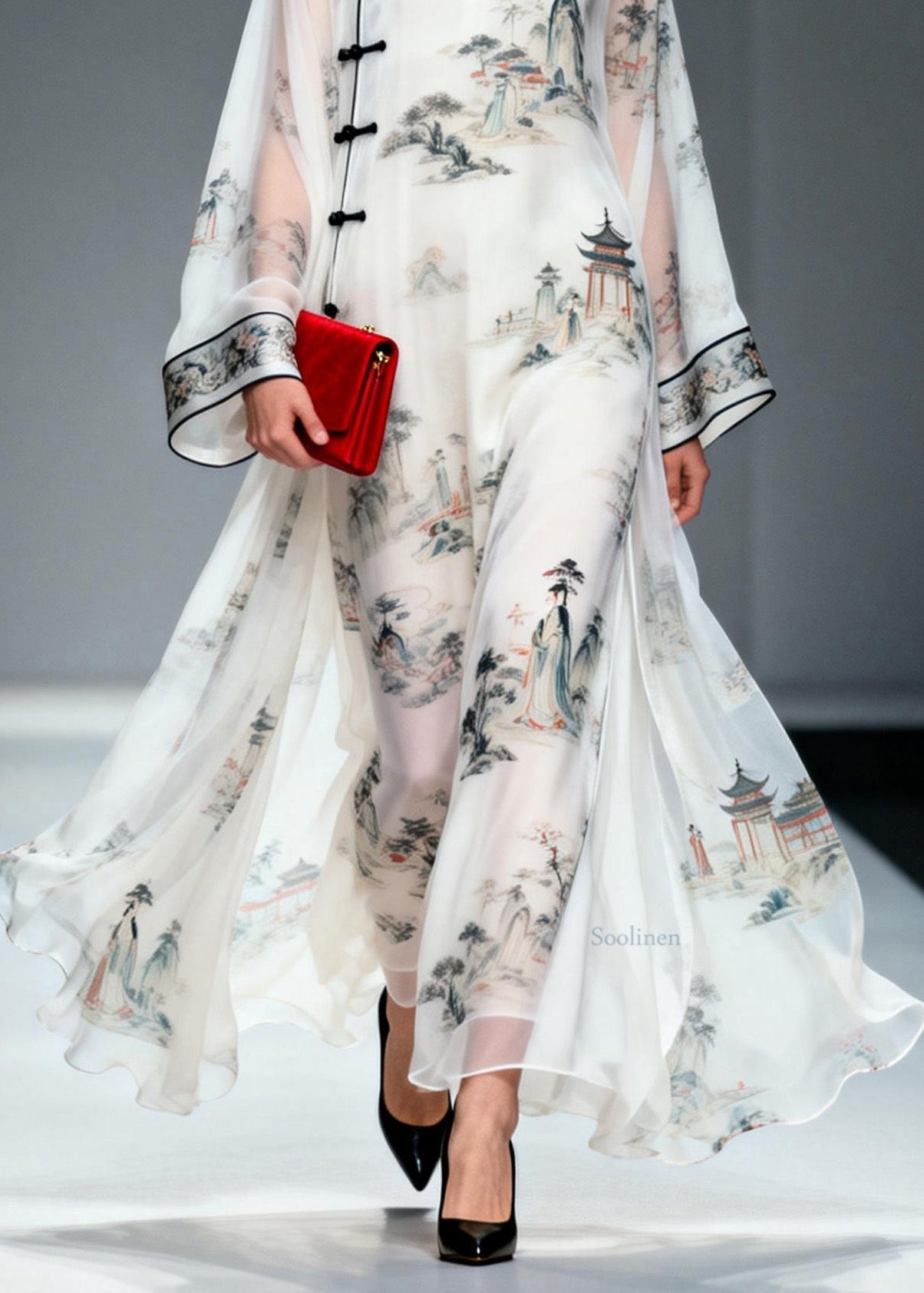 Chinese Style Stand Collar Print Oriental Button Chiffon Dress Spring