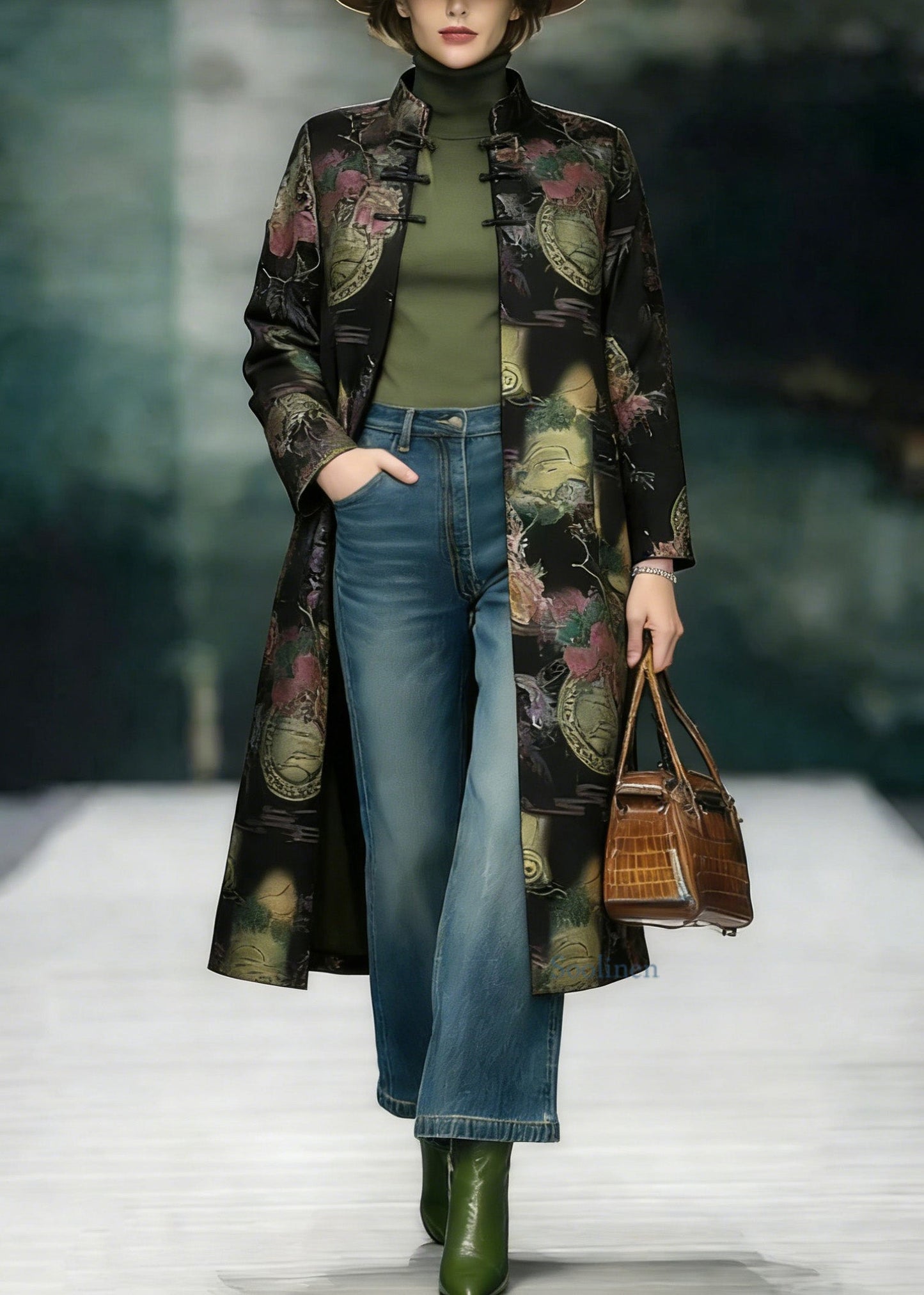 Chinese Style Stand Collar Print Oriental Button Cotton Coats Spring