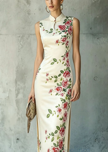 Chinese Style Stand Collar Print Side Open Cotton Dresses Summer