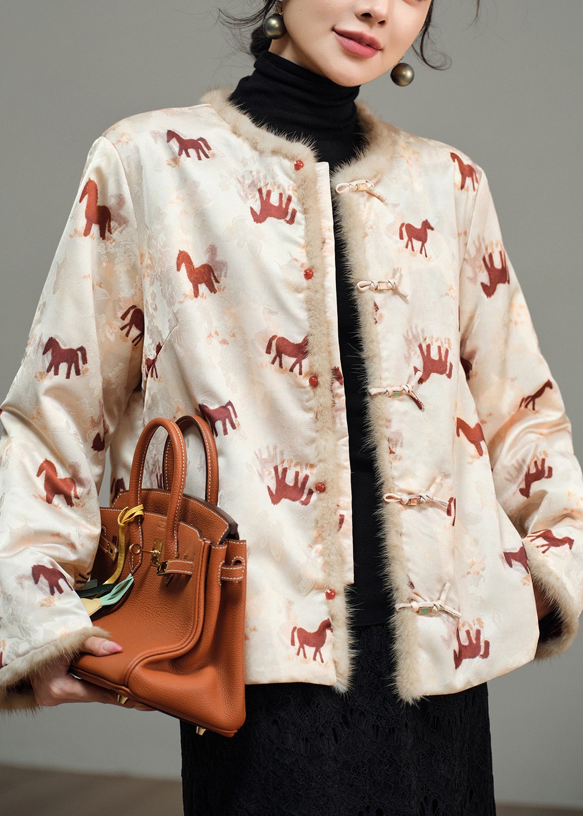 Wintermantel im chinesischen Stil, beidseitig tragbar, Jacquard-Pelz-Patchwork